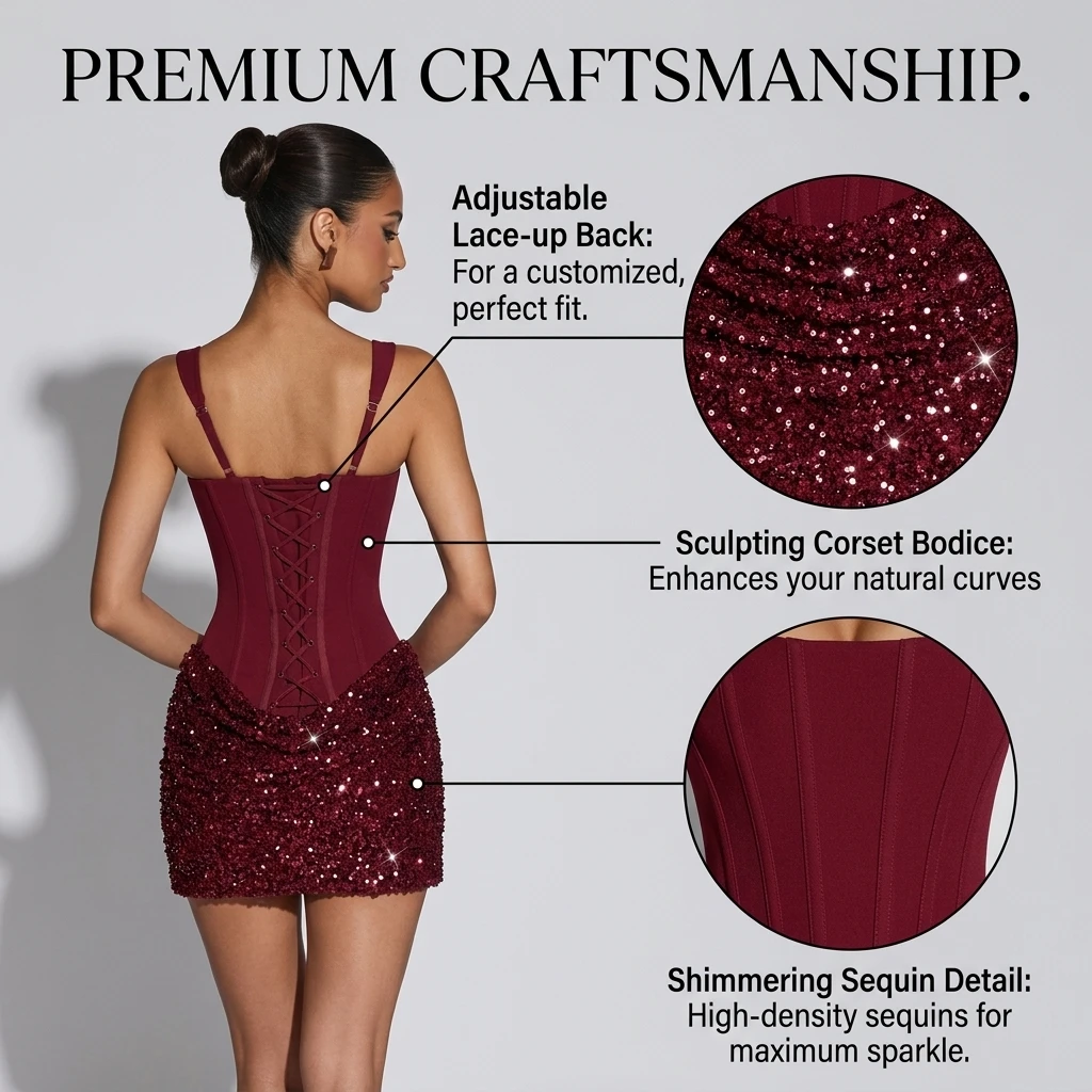 Sequin Bodycon Mini Dress for Women Corset Back Lace Up Party Club Night Out Cocktail Camisole Dress