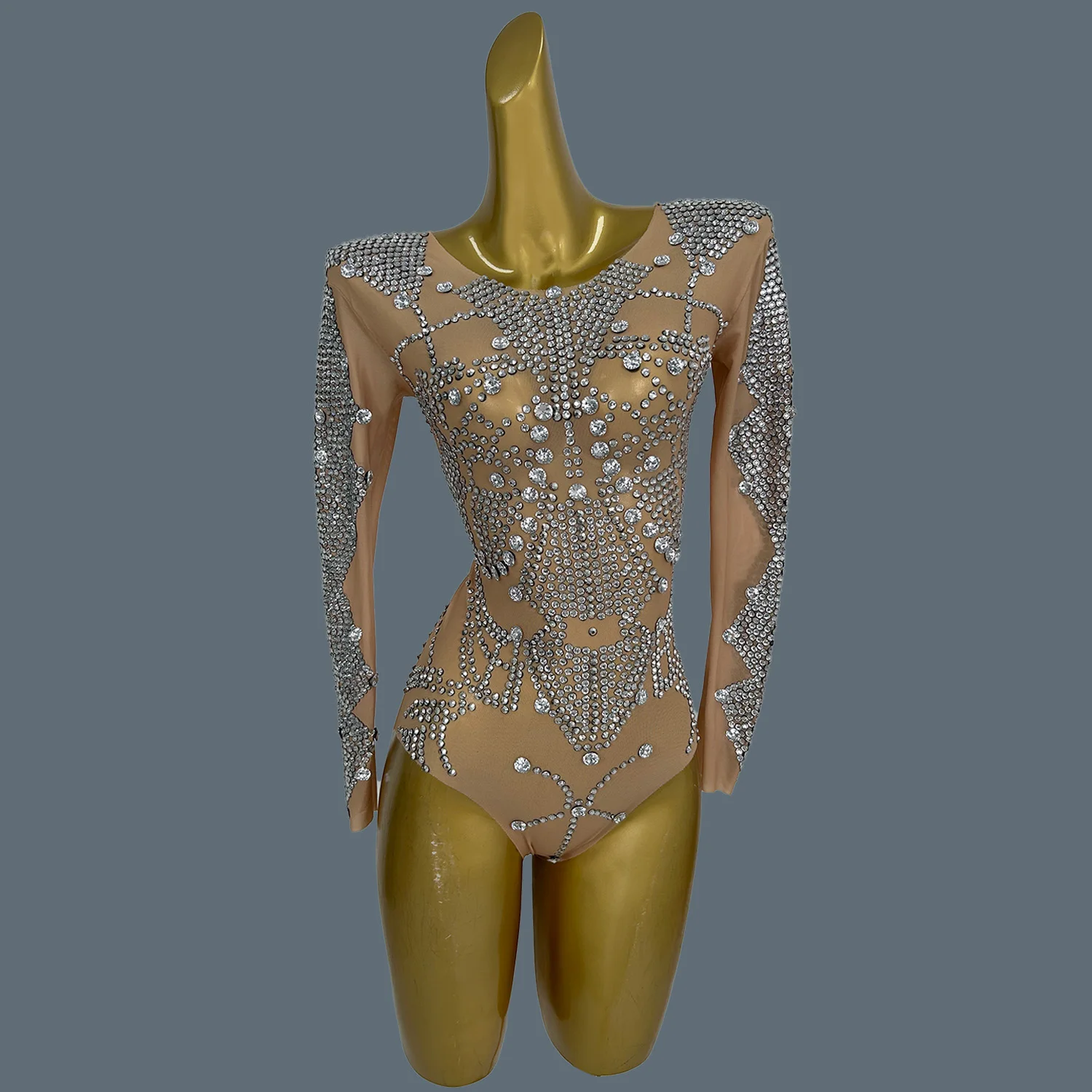 

Sparkly Crystal Diamonds Sexy Tight Bodysuit Mesh Long Sleeve Performance Dancer Cosume Nightclub Bar Stage Wear Zuancao