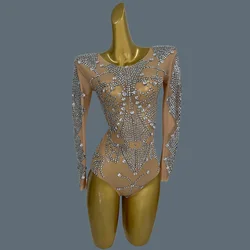 Body ajustado Sexy con diamantes de cristal brillantes, malla de manga larga, bailarina de rendimiento, disfraz, club nocturno, Bar, ropa de escenario, Zuancao