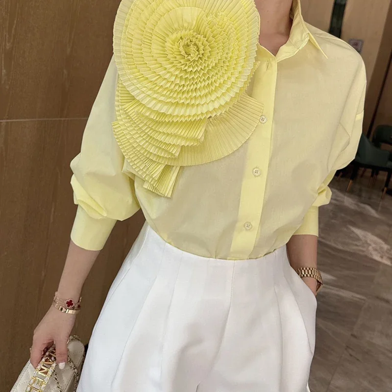 2024 New Summer Blouse for Women Elegant Floral Shirts Oversized Tops Long Sleeve Fashion Pleated White Casual Blouses