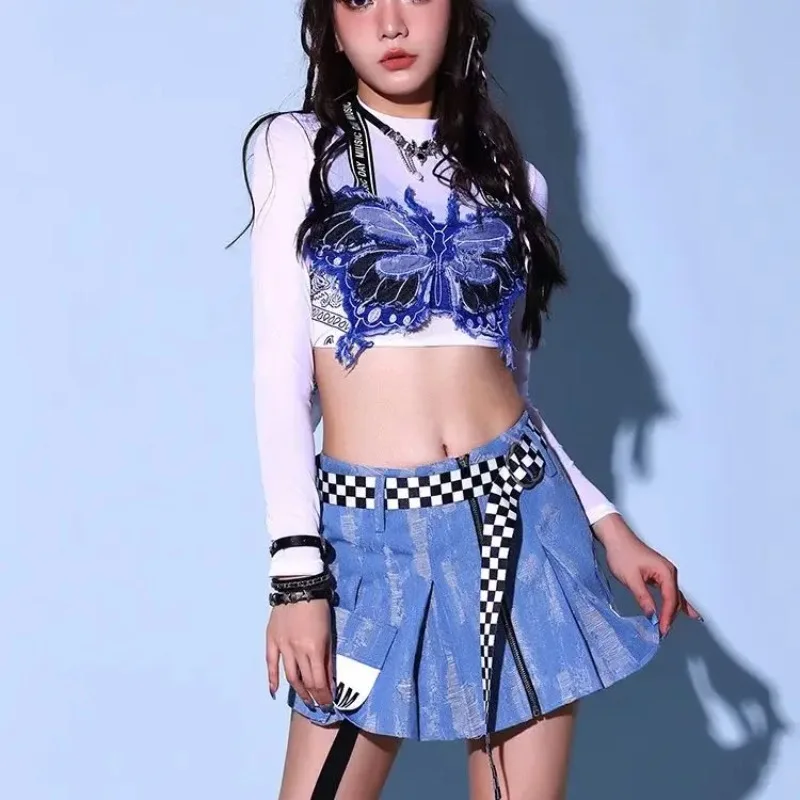 Butterfly Bra Top Festival Rave Outfit Kpop Clothes Hip Hop Dance Costume Mesh Through Shirt Cargo Pants Cheerleader Uniform