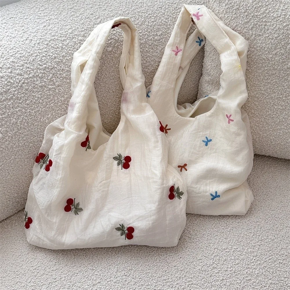 

Fashion Embroidered Bow Tote Bag Large Capacity Cherry Shoulder Bag Solid Color Canvas Underarm Bags