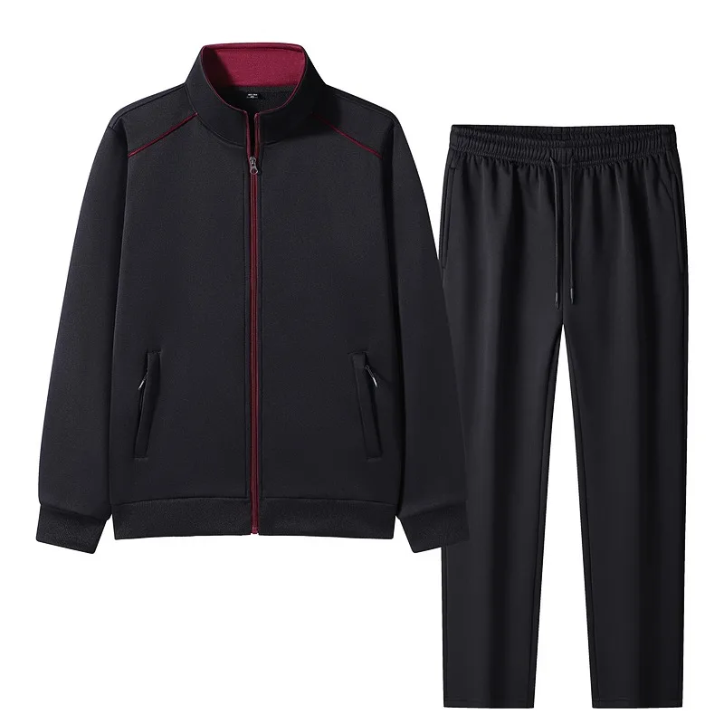 سترة رجالية بسحاب وأكمام طويلة بلون سادة ورقبة دائرية، قمة الموضة، سراويل مرنة عالية الخصر، جيب، بدلة السراويل #1