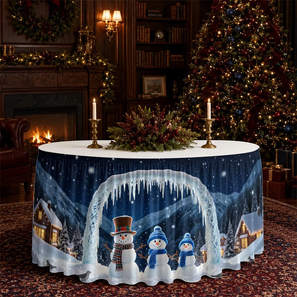 1-piece set table skirt winter wonderland snowman arch scene festive warmth magical glow holiday home