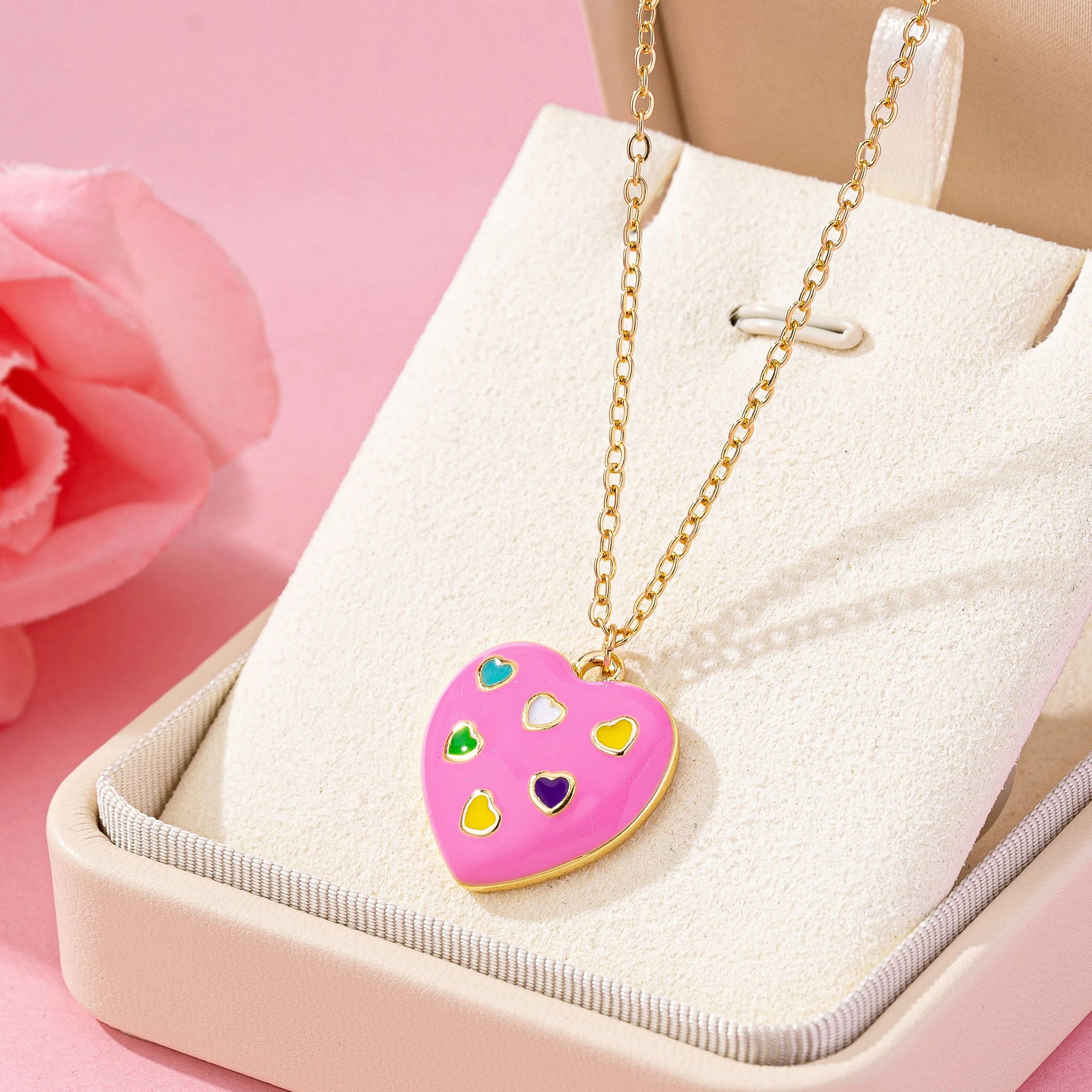Simple sweet and cute metal alloy pink enamel glaze peach heart combination love pendant necklace wedding dating jewelry