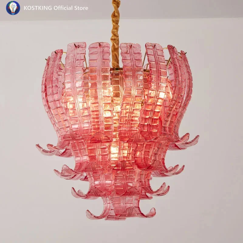 Italian-style living room chandelier French-style luxurious pink glass bedroom designer style lamp dining room