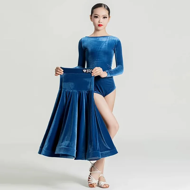 

Kids Girls Waltz Tango Ballroom Dancewear Professional Velvet Long Sleeve Jumpsuit Large Fishbone Skirts Modern Dancing Costumes