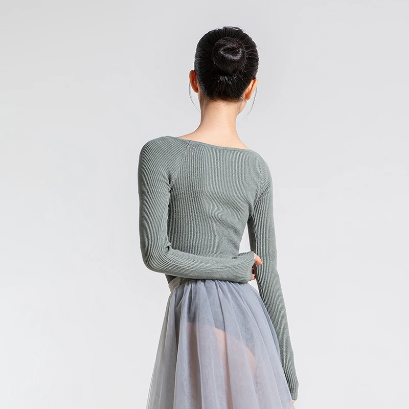 Sansha Women Dance Warm Up Top, Vertical Rib High Elastic Knit Jacket, Ballet Practice Outerwear for Autumn Winter