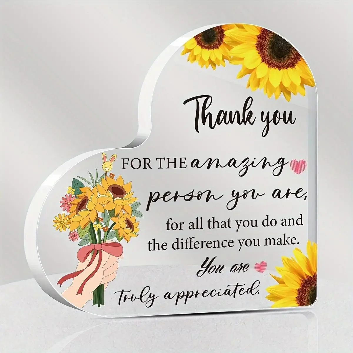 Heart Clear Acrylic Desktop Sign, Sunflower Thank You Appreciation Themed Shelf Keepsake Gift