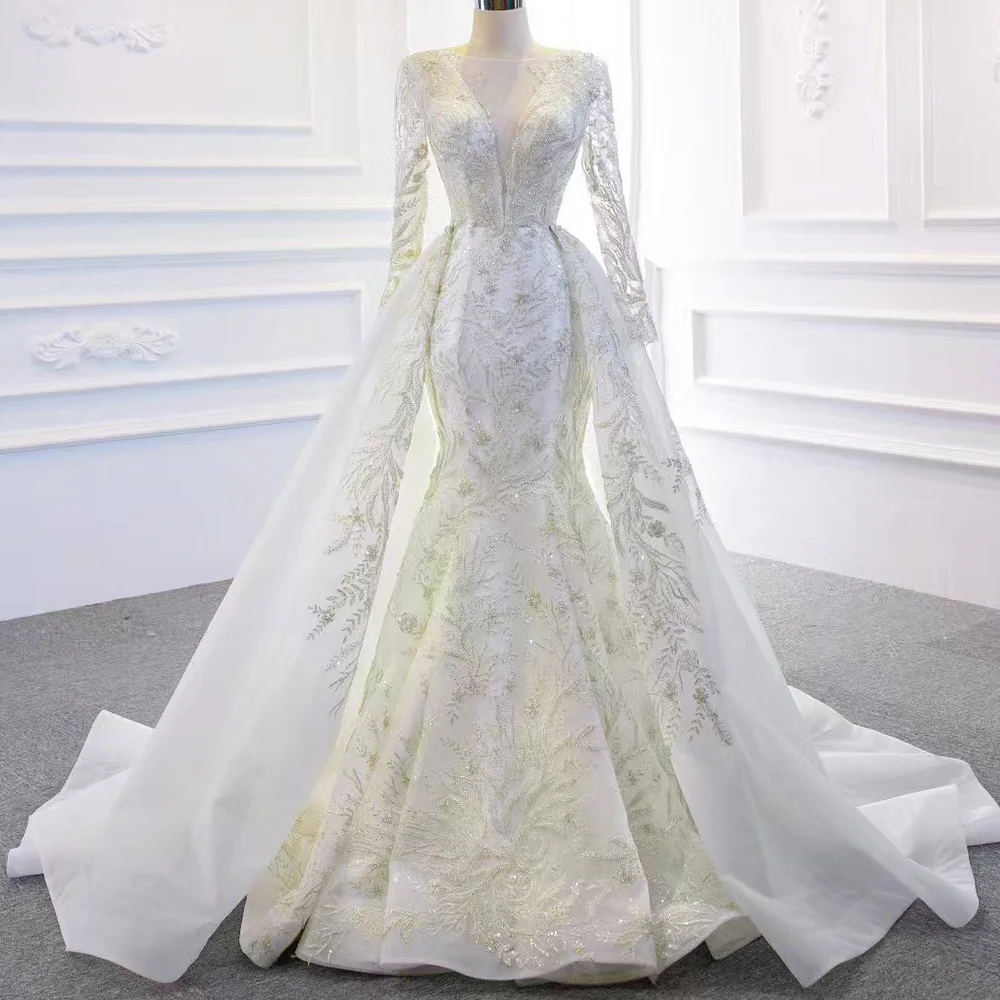 Train détachable col rond élégant à lacets dos manches longues robe de mariée broderie paillettes Abiti Da Sposa