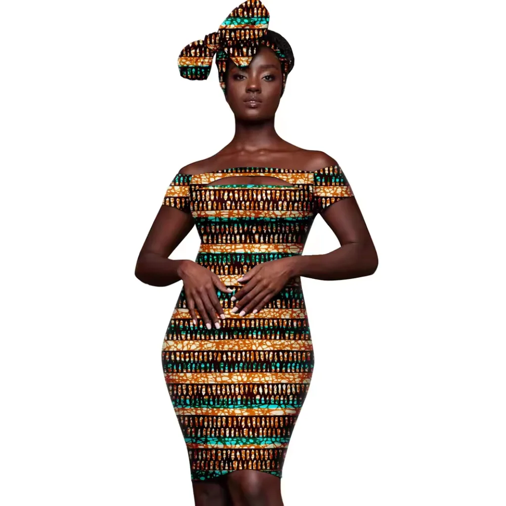 

African Cotton Mini Skirt for Women Sexy Fashion Dashiki Ankara Print Slim Off-Shoulder Dress Bow Headband Breathable Short