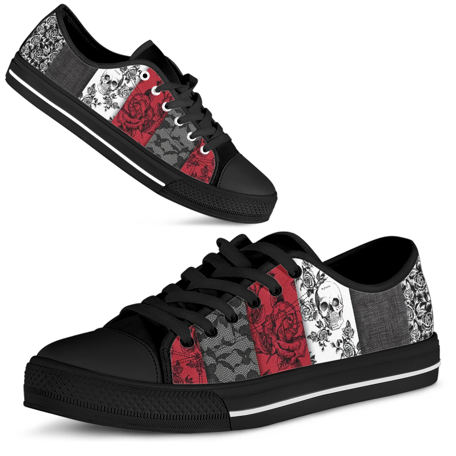 ELVISWORDS Pop Flora Rose Skull Design Brand Canvas Shoes Black Lace-Up Flats Classic Low Top Women's Shoes Zapatos Mujer