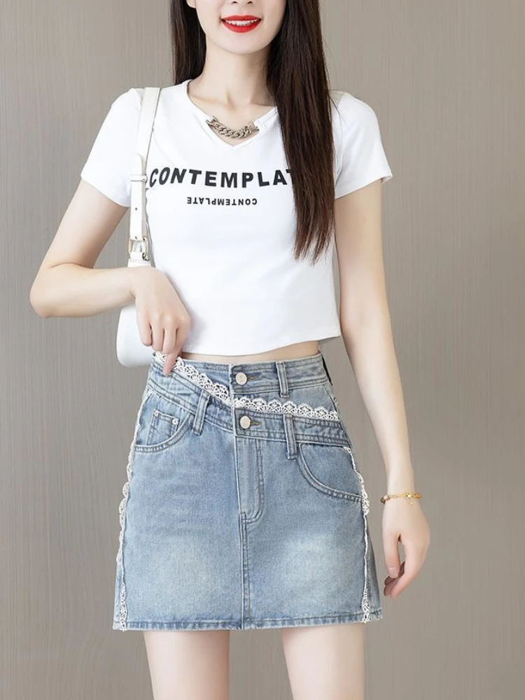 

Женская джинсовая мини-юбка с высокой талией, кружевными вставками, утягивающая, асимметричная, А-силуэт, облегающая, летняя, новинка 2026 года