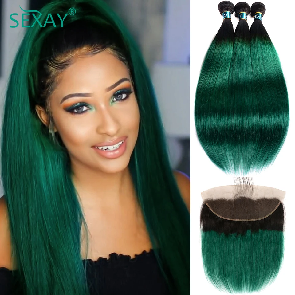 1B Green Straight Human Hair Bundles With Frontal Ombre Turquoise Human Hair Weave 3 Pcs With 13x4 Transaparent Lace Frontal