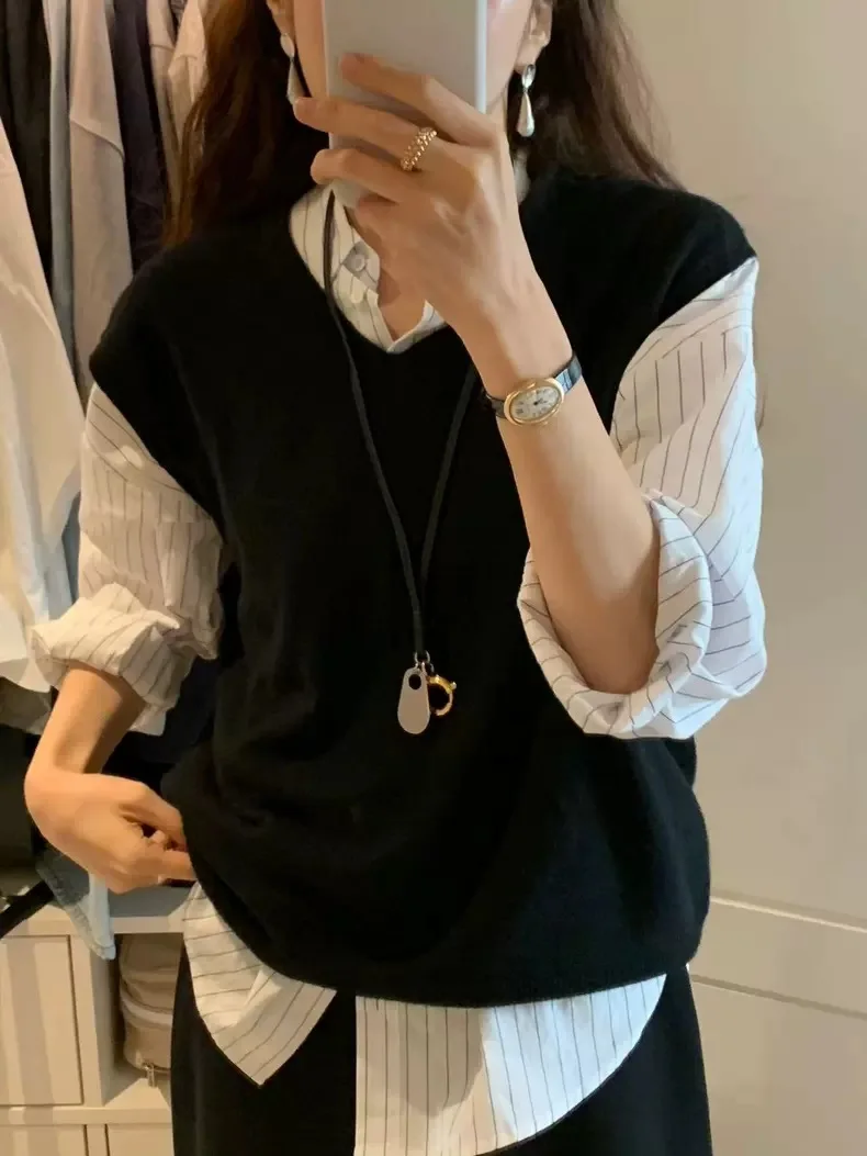 التخسيس V-Ne محبوك سترة المرأة فضفاضة Svel الأعلى Dongda بوابة الخريف Faion تخفيف Sle لون نقي لا زر #2