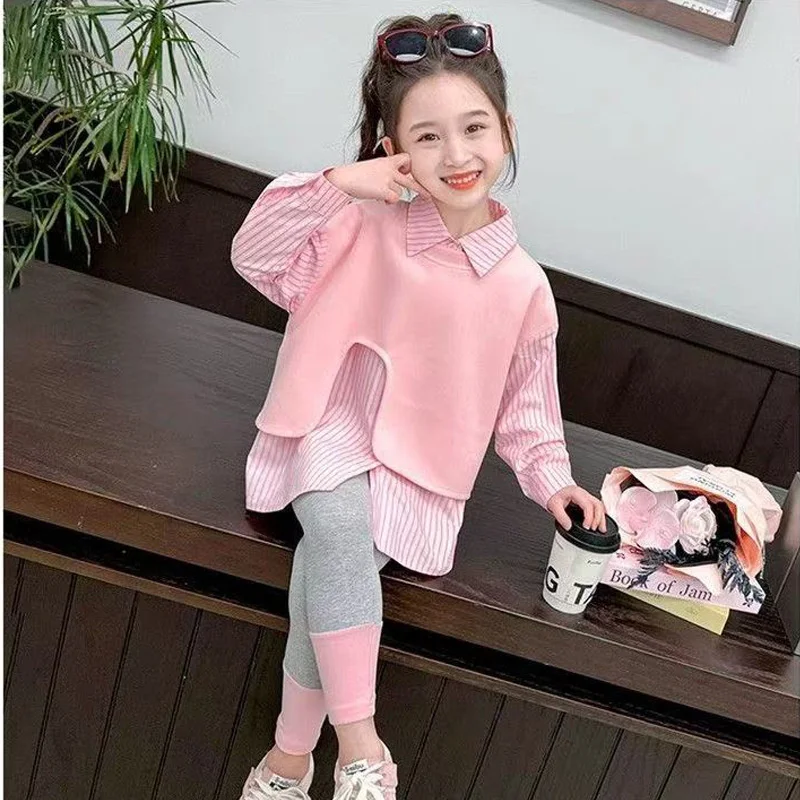 Girls Fashion Striped Sets Spring Autumn New Long Sleeve Shirt+leggings 2Pcs Kids False Two Piece Shirt Outfits Children Clothes