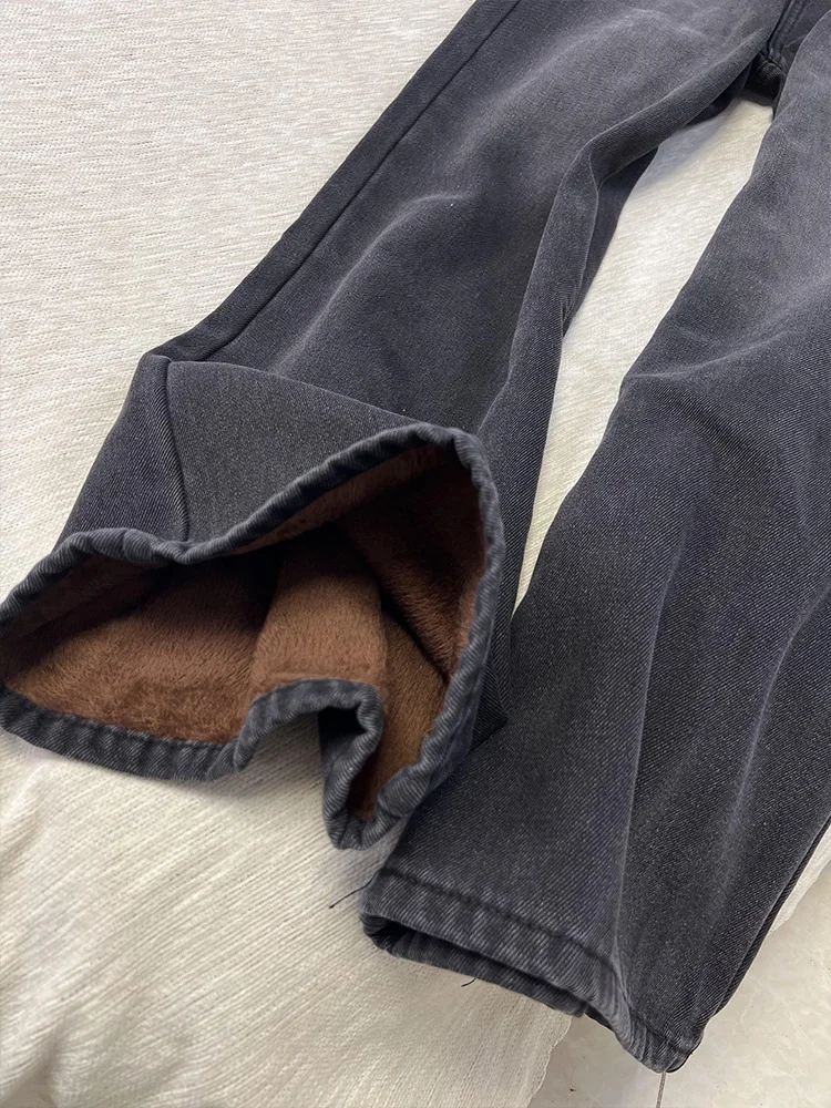 High Waist Wide Leg Fce Lined Thiened Warm Denim Jeans Women Loose Slimming Straight Cut Slim Fit Casual Trousers