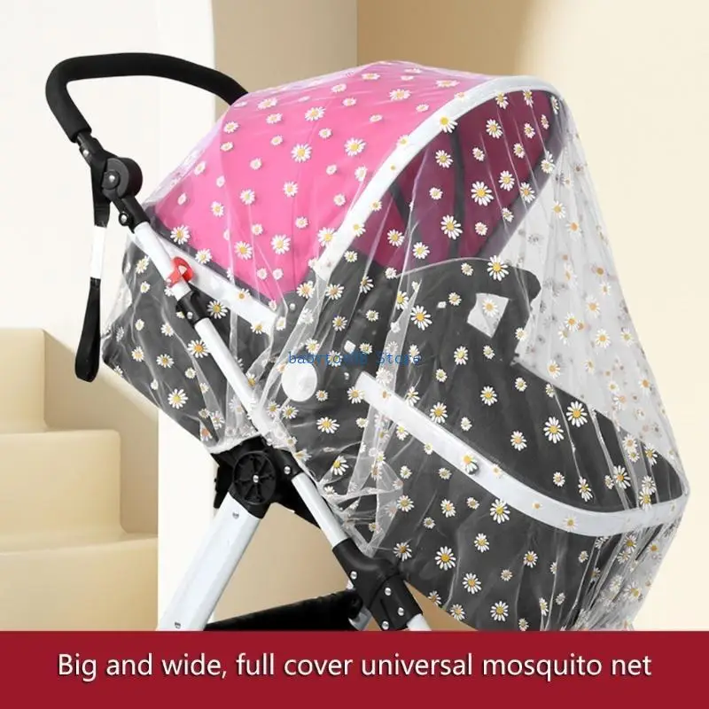 

Y4UD Secure Baby Strollers Insect Netting Cover Embroidery Detail Pram Guard Cover Essential Travel Accessory
