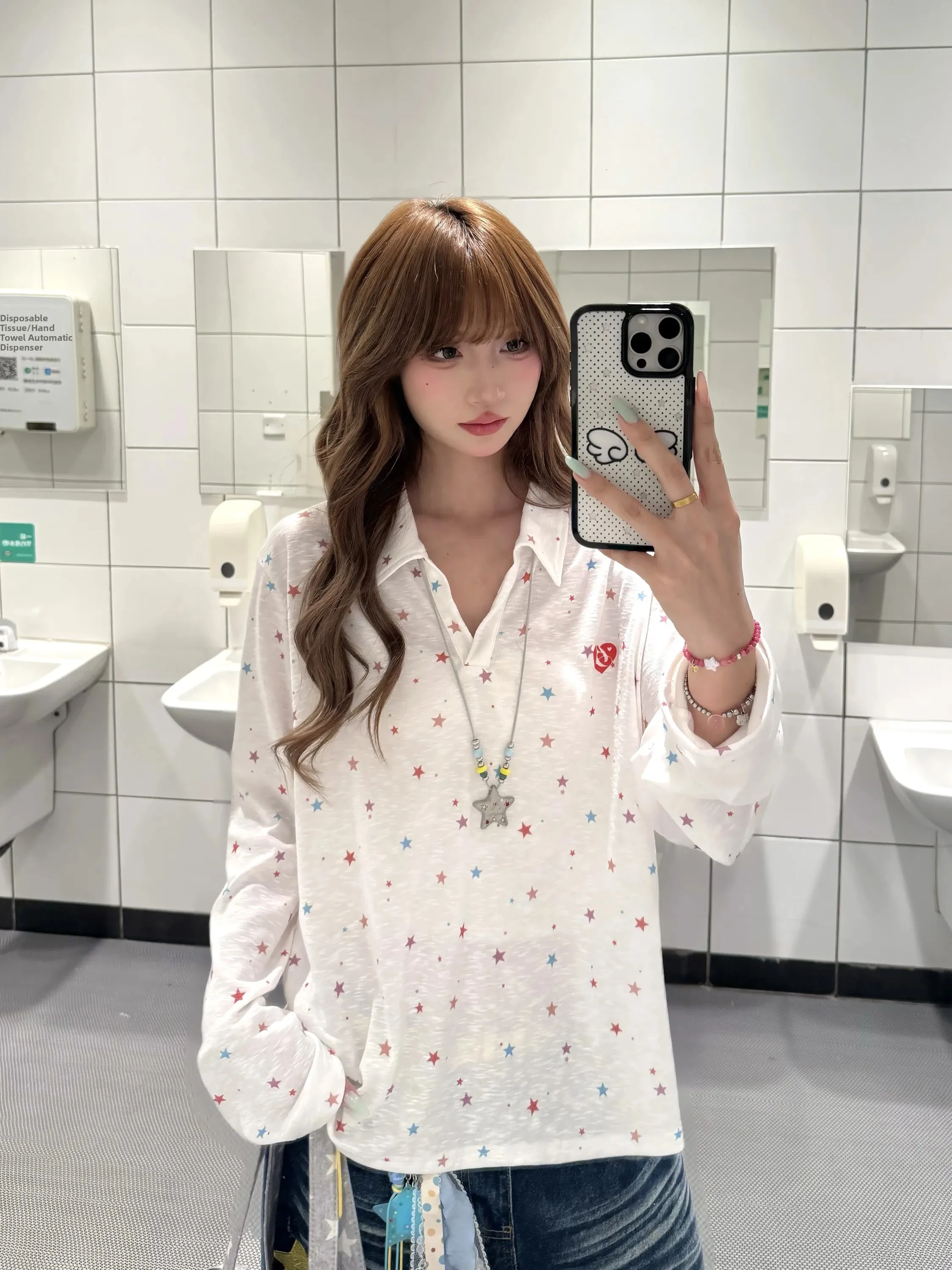 BeOurRule American Retro Print  Star Long Sleeve  Neck T-Shirt Women's V Neck Cover up Slimming Top Korean Style ...