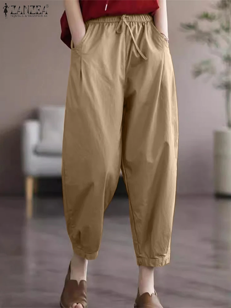 

ZANZEA Fashion Summer Elastic Waist Solid Harem Trousers Women Vintage Casual Pants Elegant Work Palazzo Streetwear Pantalon