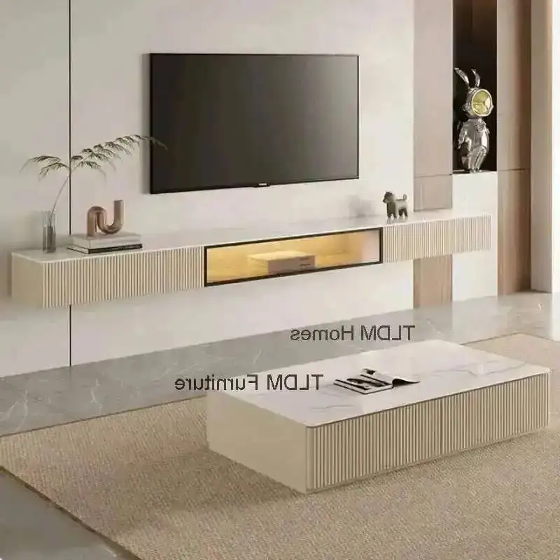 Luxury Furniture Furniture Nordic Living Solid Hanging Wood Cabinets Suspended Room LED Modern Smart Slate Light TV Wal