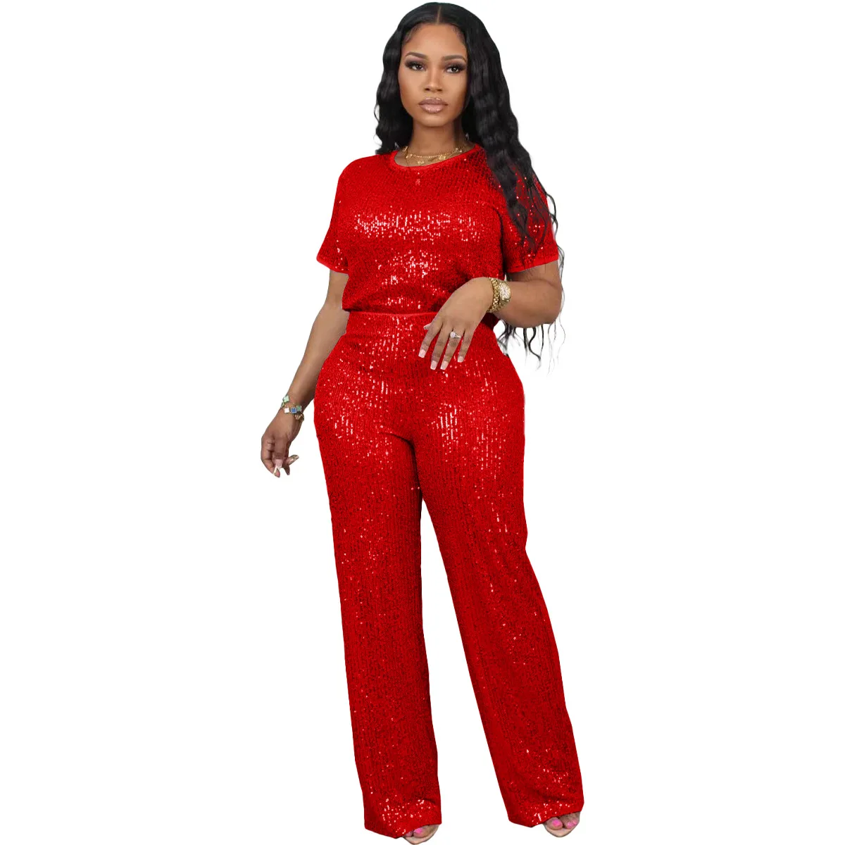 

Sequin African Clothes for Women Summer Autumn African Short Sleeve O-neck Polyester 2 Piece Top Long Pant Matching Sets S-3XL