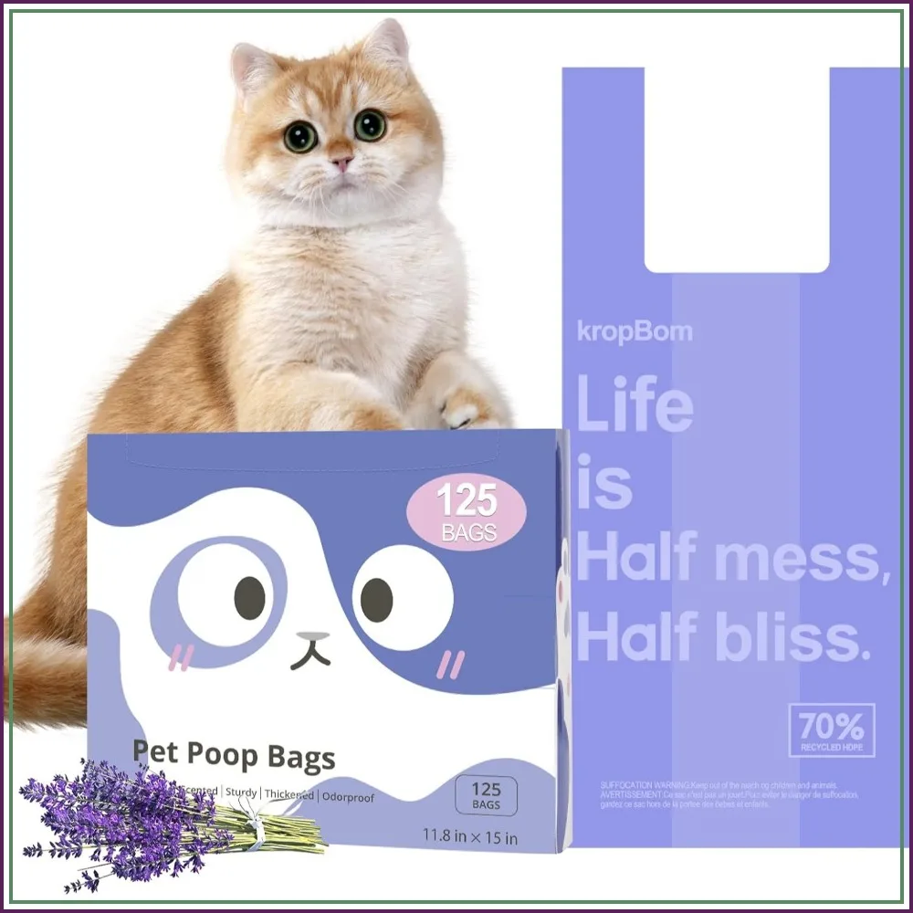 

125 Count Lavender Scented Cat Litter Bags with Handles, Extra-Thick Leak-Proof Disposable Poop Bags
