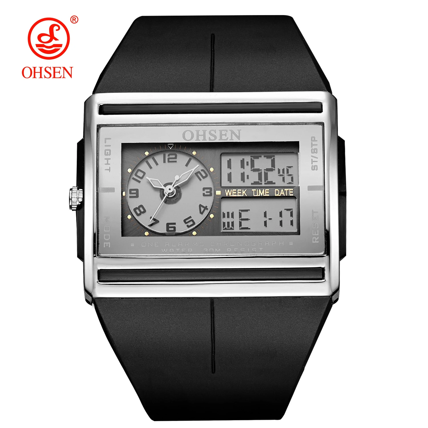 OHSEN Men Quartz Watches Military Sports Watch Digital Black Silicone Strap Waterproof Watches Dual Time Men Clock Wristwatch