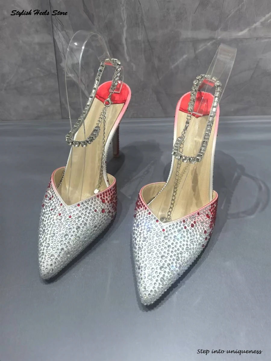 Stylish Crystals Embellished Satin Pumps Women's Wedding Shoes Shinny Pointed Toe Thin High Heels Streetwear Runway Stilettos