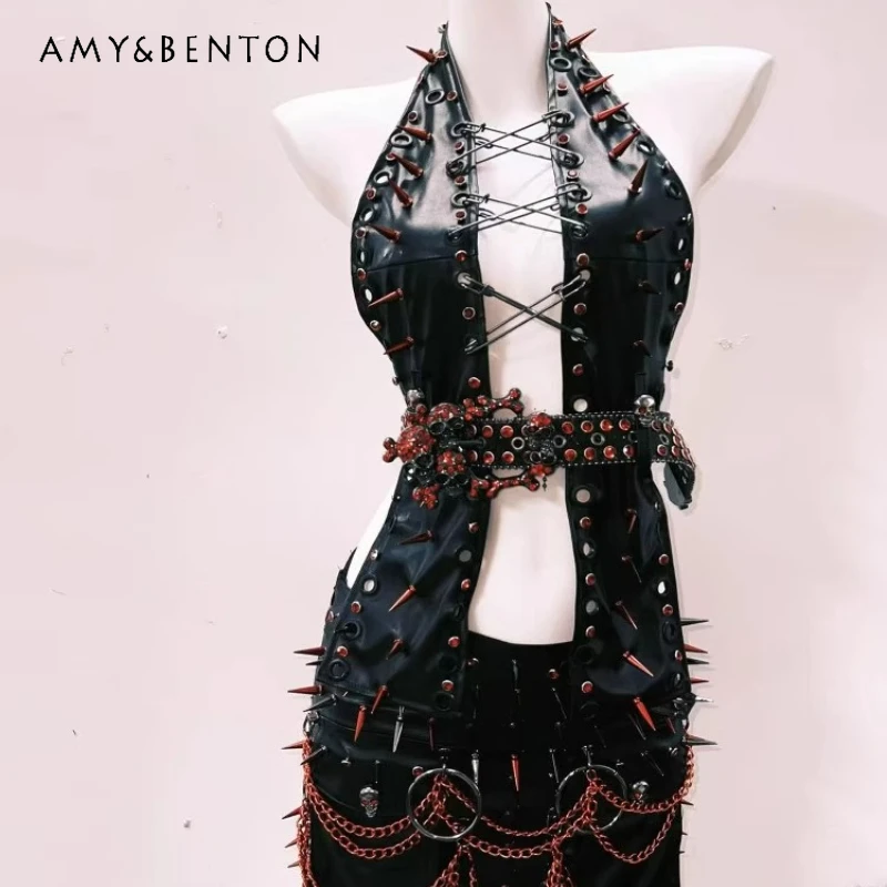 

2025 Summer New Punk Hot Girl Y2k Rivet Female Sling Original Sweet Cool Sexy Lace-up PU Leather Hip Mini Skirt 2-piece Ladies