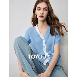 TOYOUTH Women Contrast V-Neck Knit Sweater 2024 Summer New Light And Thin Small Fragrant Style Shirt