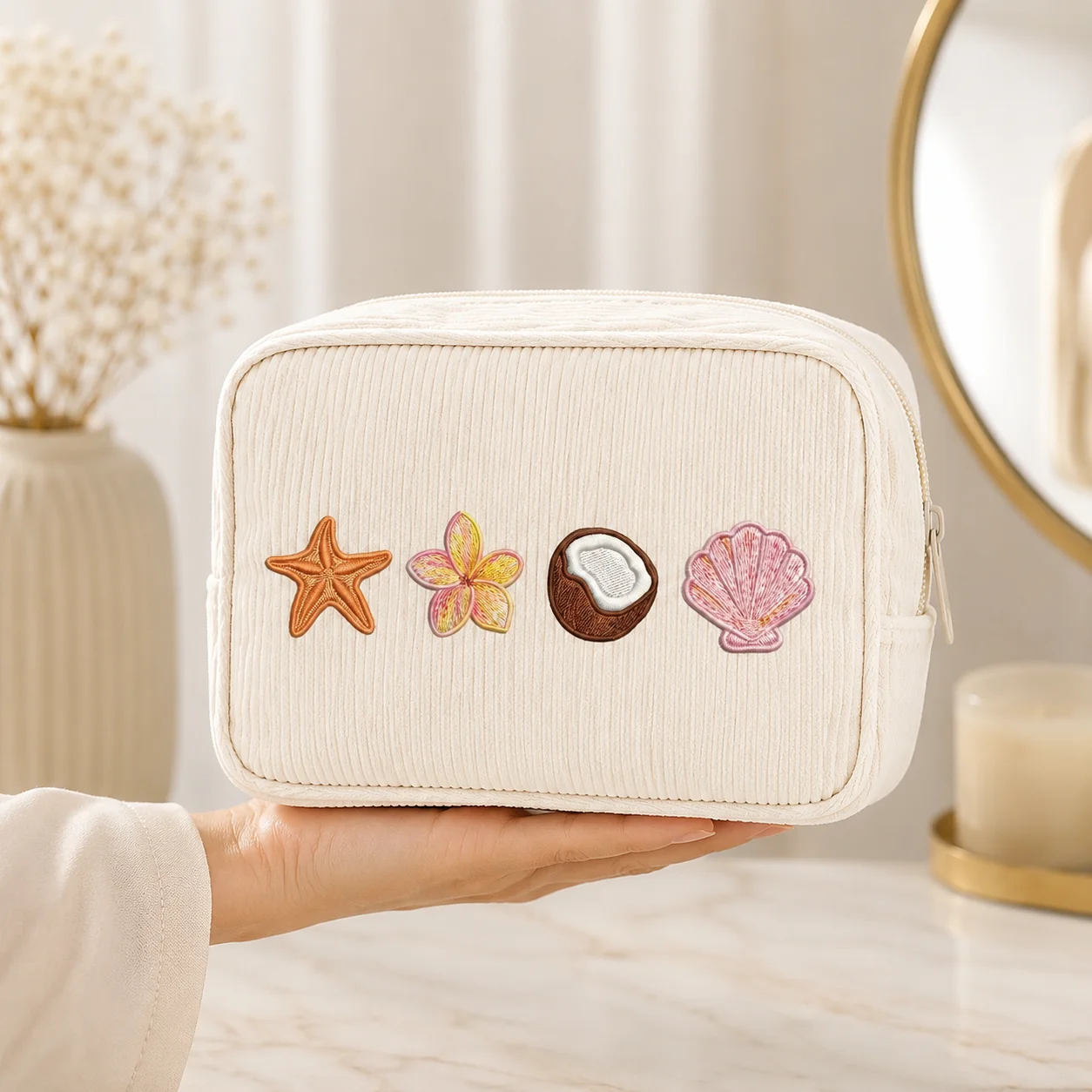 Printing Cosmetic Bag Soft Corduroy Makeup Pouch Tropical Beach Vacation Toiletry Organizer Zipper Beauty Storage Case Bag