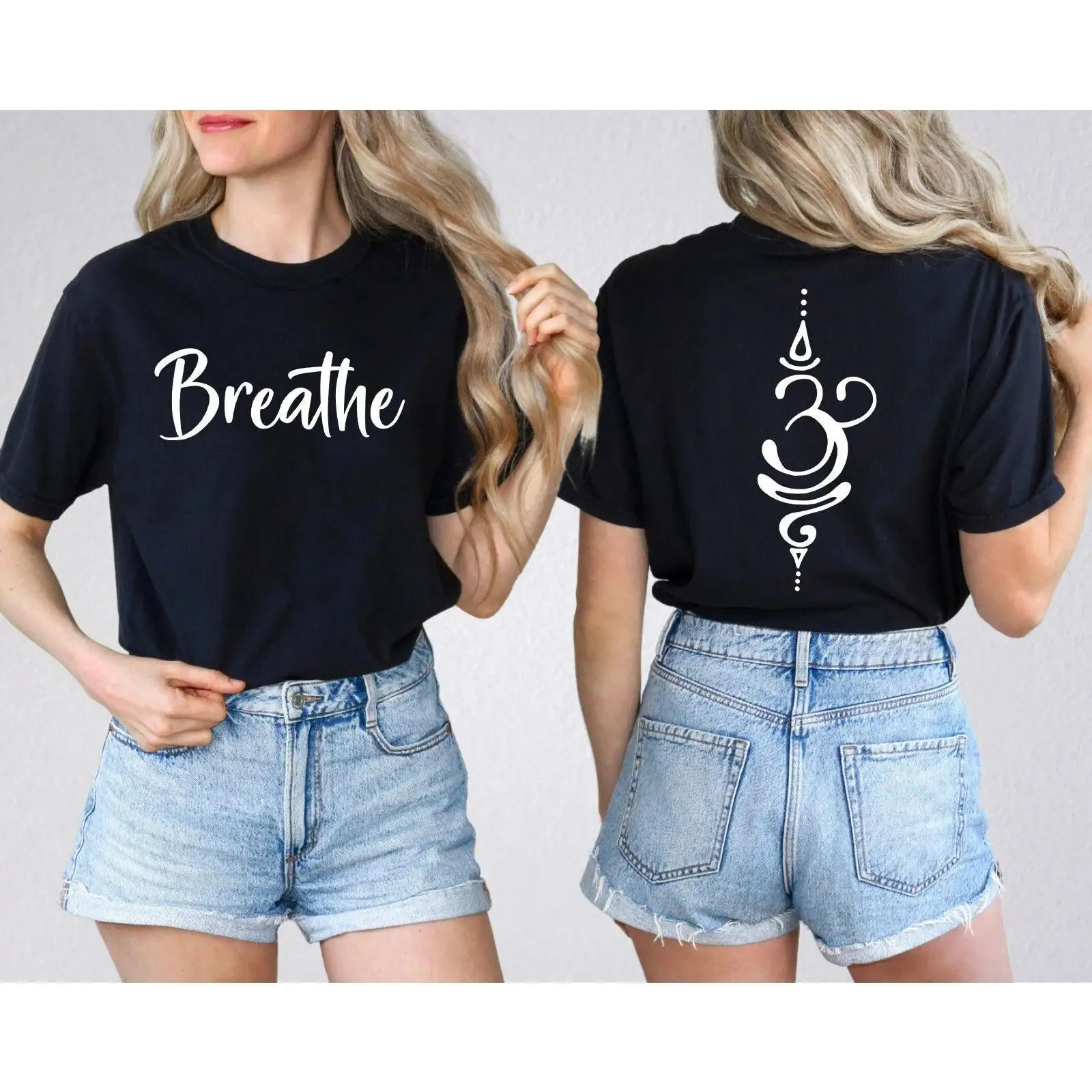 

Yoga T-shirt "Breathe" Front Print Om Symbol Back Graphic, Meditation Spiritual Top, Wellness Gift for Women