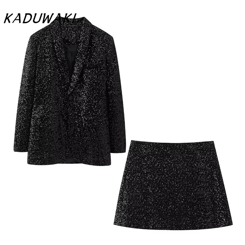 KADUWAKI Winter Shiny Loose Suit Coat Mini Skirt Sets Sequin Women's Fashion Suit Jacket Skirt Lady Streetwear Elegant Outerwear