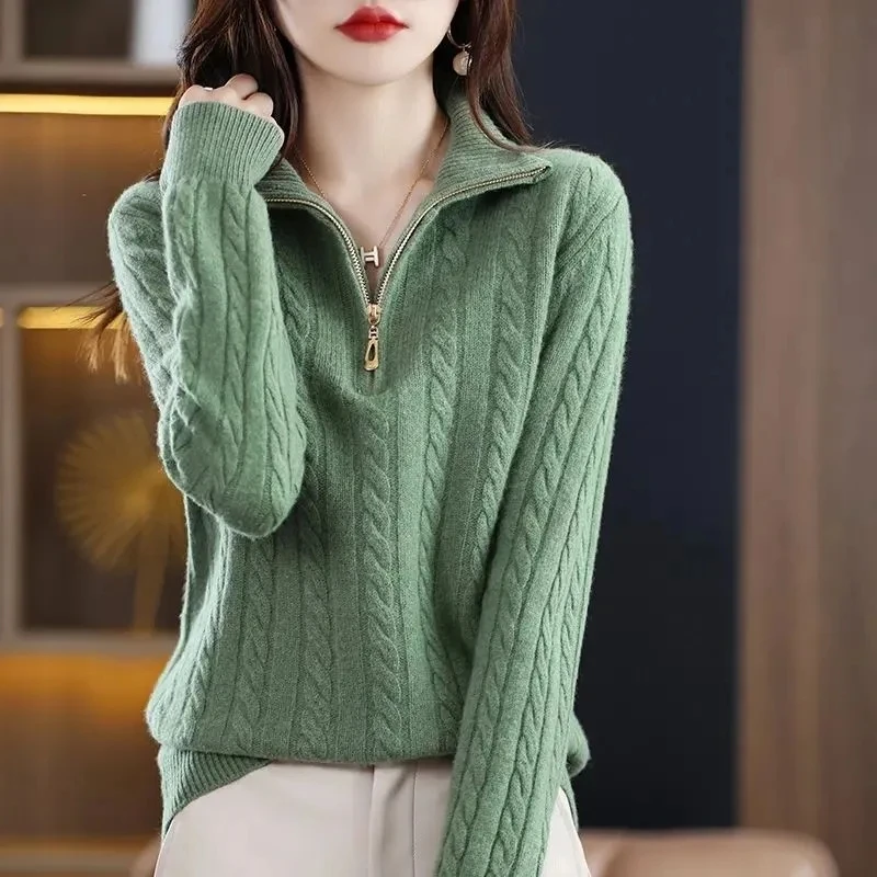 2025年秋新作 プルオーバー ハーフタートルネックセーター レディース 厚手 ゆったり ニット カジュアル 無地 ジャンパー ニットウェア ジップトップス