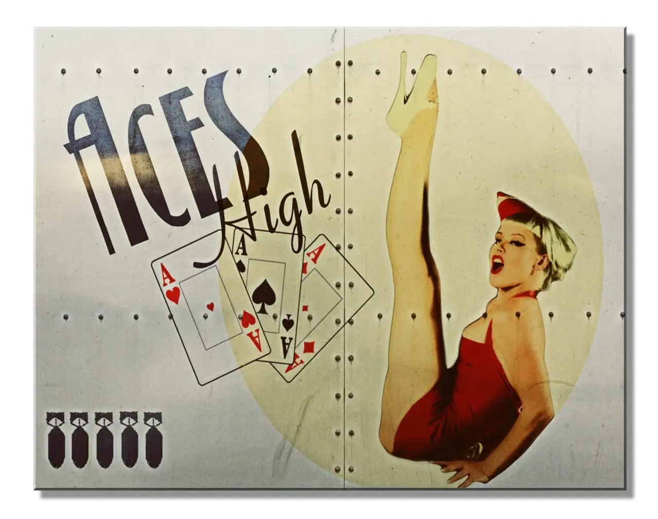 Desperate Enterprises Aces High Tin Sign - Nostalgic Metal Wall Decor - Vintage Pinup Girl Nose Art from World War II Warplane
