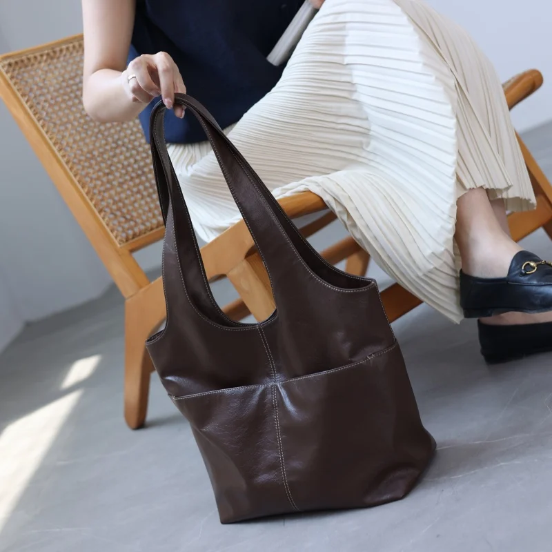 Women Genuine Leather Large Capacity Soft Tote Cowhide Single Shoulder Bags Suitable For Daily And Working Usage