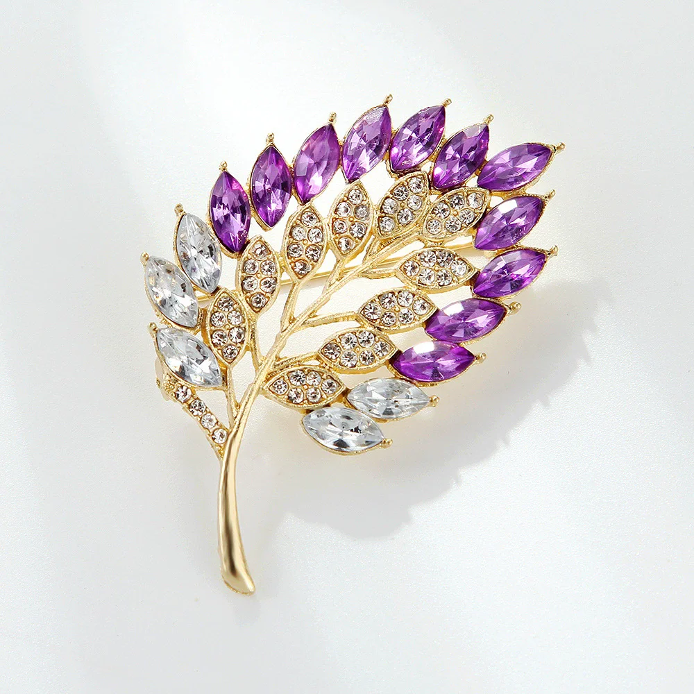 Purple Rhinestones Edge Leaf Brooches for Women Luxury Crystal Wheat Shape Brooch Pin Party Elegant Jewelry Clothing Accessories view 3