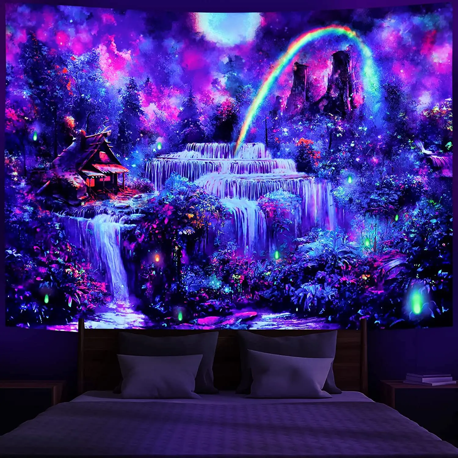 Home Decor Mystery Starry Sky Forest UV Reactive Fluorescent Tapestry Wall Hanging Trippy Waterfall Black Light Tapestries