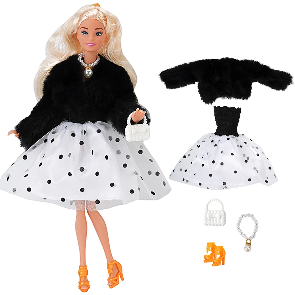

NK 1 Set 30CM Princess Doll Clothes Noble Dress White A-line Skirt Fashion Black Plush Coat For 1/6 Doll Accessories Gift Toy