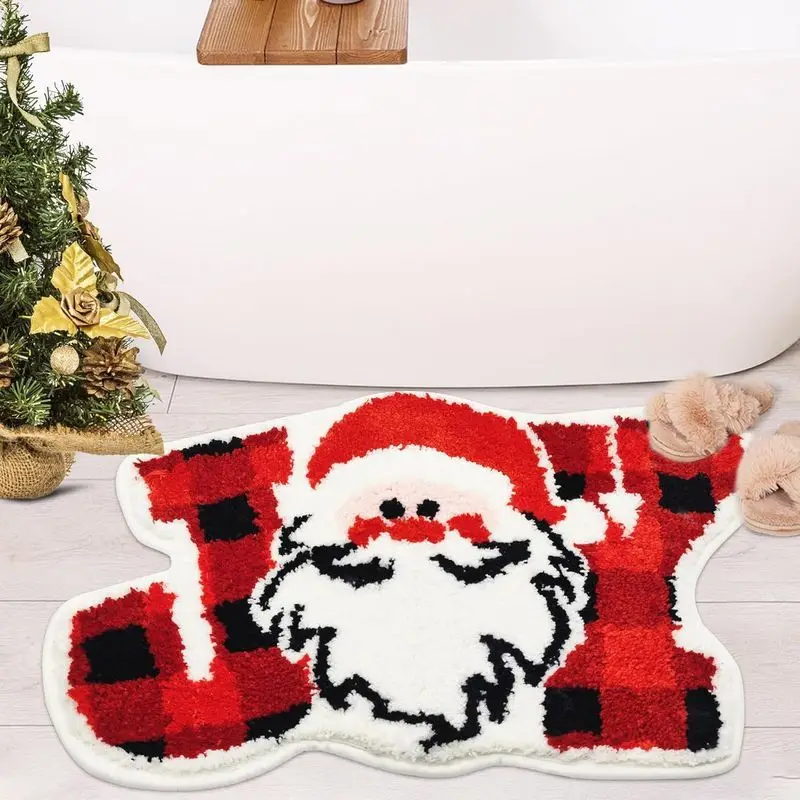 VIKAMA Santa Claus Doormat Christmas Holiday Bath Rug Red White Beard Shape Non Slip Absorbent Soft Entryway Bathroom Mat