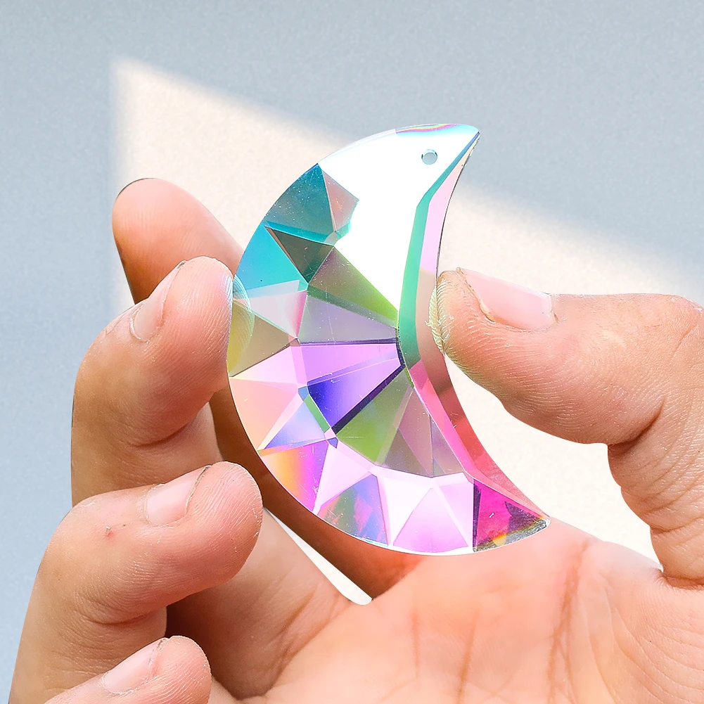 50MM Polished AB Color Laser Faceted Prism Moon Crescent Glass Crystal Pendant Rainbow Sun Catcher Chandelier Dangle Lamp Parts