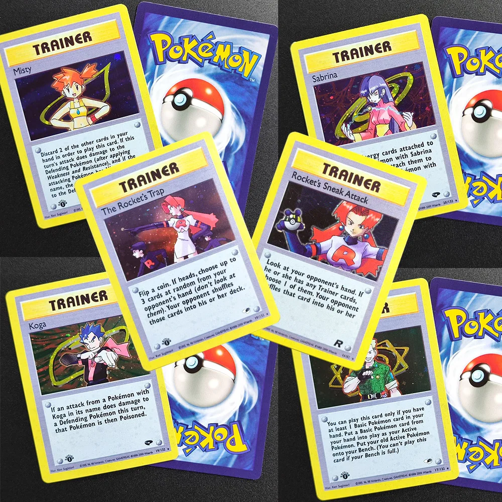 

Коллекционная карточная игра PTCG на английском языке, 1-е издание: Мисти, Рокет, Снейк Аттак, Трэп, Лейтенант Сёрдж, Кога, Сабрина. Карточная игра-головоломка для хобби и коллекционирования.