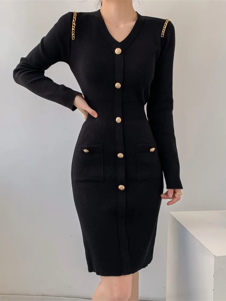 New Autumn Winter Women\'s Knitted Dress Korean Fashion Slim Sexy V-Neck Temperament Black Long Sleeved Sweater Mini Dress