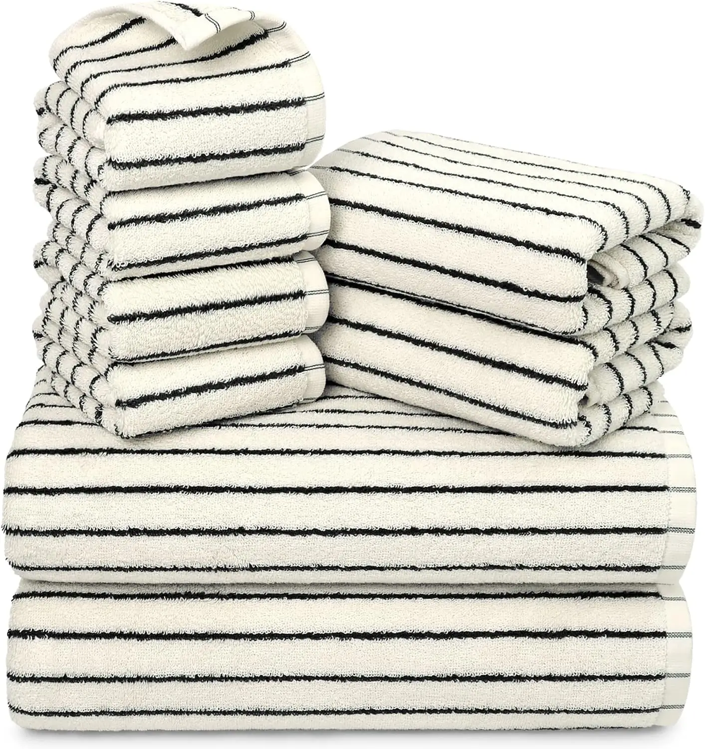 8 Piece Black and Ivory Towel Set, Super Soft & Absorbent Cotton Striped Towels for Bathroom Decor, 2 Bath, 2 Hand, 4 Washcloths