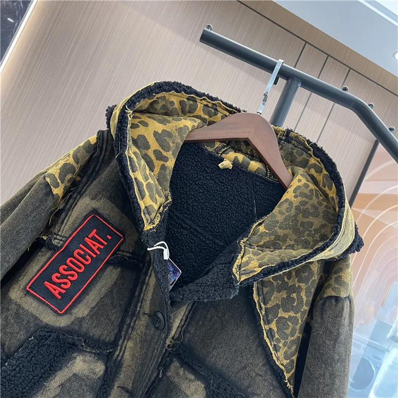 Fashion Personalized Leopard Print Hooded Jacket Women\'s New Loose Casual Long Sleeved Streetwear Single Breasted Cotton Coat