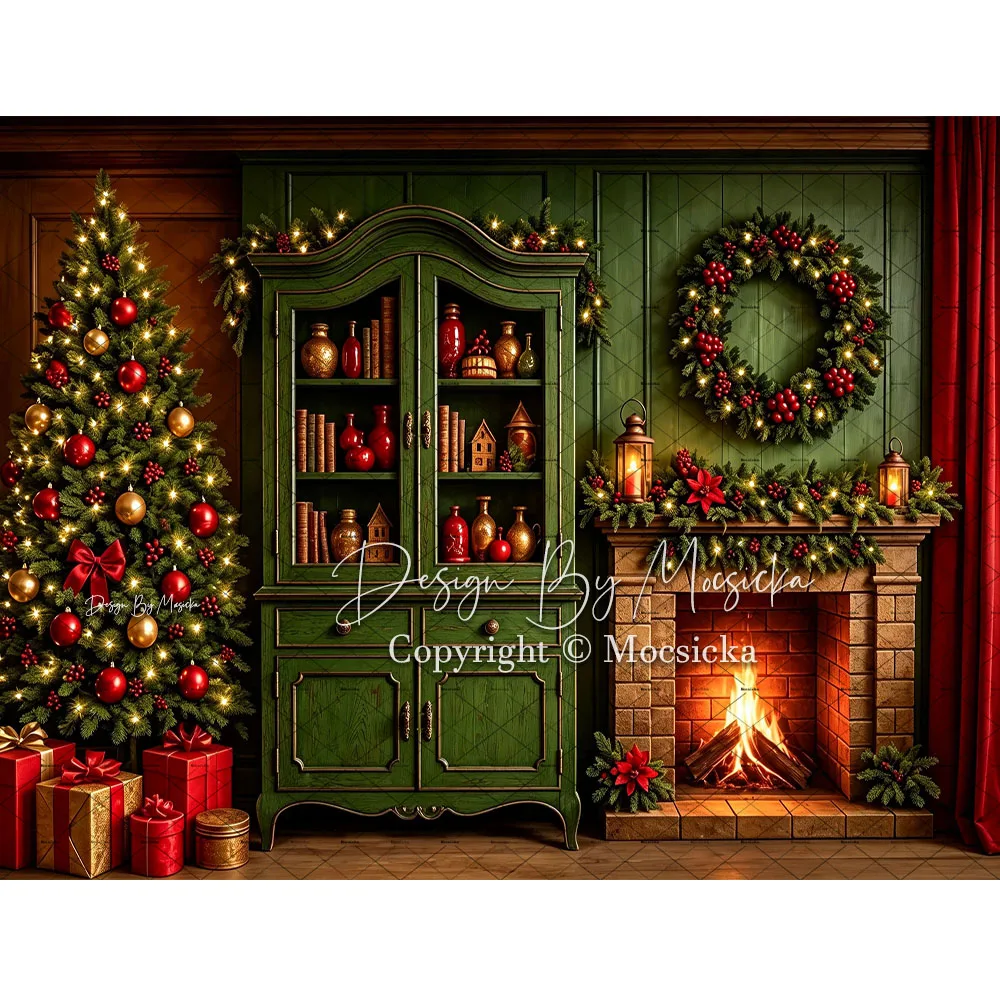 Mocsicka Backdrop Photography Christmas Fireplace Green Window Snow Village Lights Wreath Tree Holiday Background Studio Photo