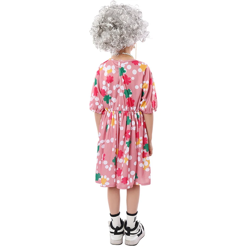 Kids Grandma Cosplay Girls Old Lady Fantasy Costume Dress Wig Cane Outfits Halloween Carnival Party Stage Performance Suits