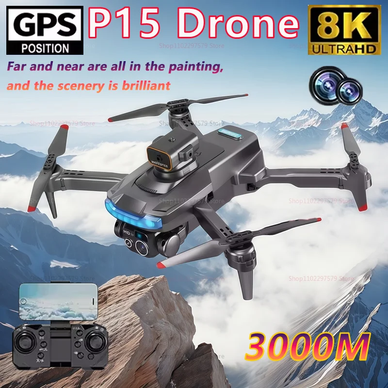 

New P15 Drone GPS 8K HD Camera Professional Optical Flow Localization Obstacle Avoidance Foldable Dron Toys For Kids Adults Gift