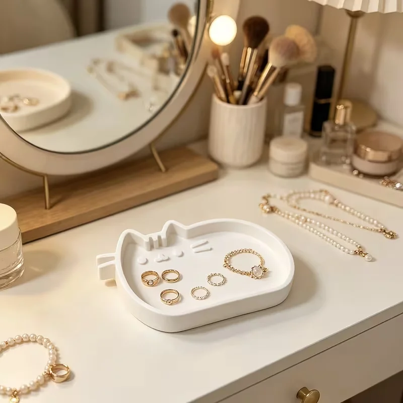 3D Printed Cartoon Cat Jewelry Tray Cute Kitten Shaped Ring Earring Storage Dish Minimalist Desktop Vanity Decor for Girls Women